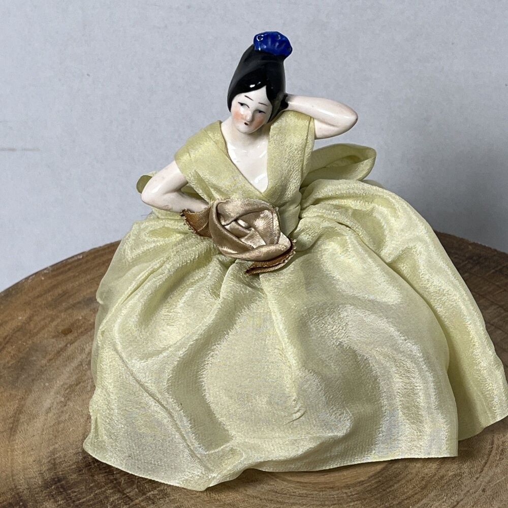 Antique Porcelain Half Doll Flapper Girl Art Deco Yellow Dress 1920s Pin Cushion